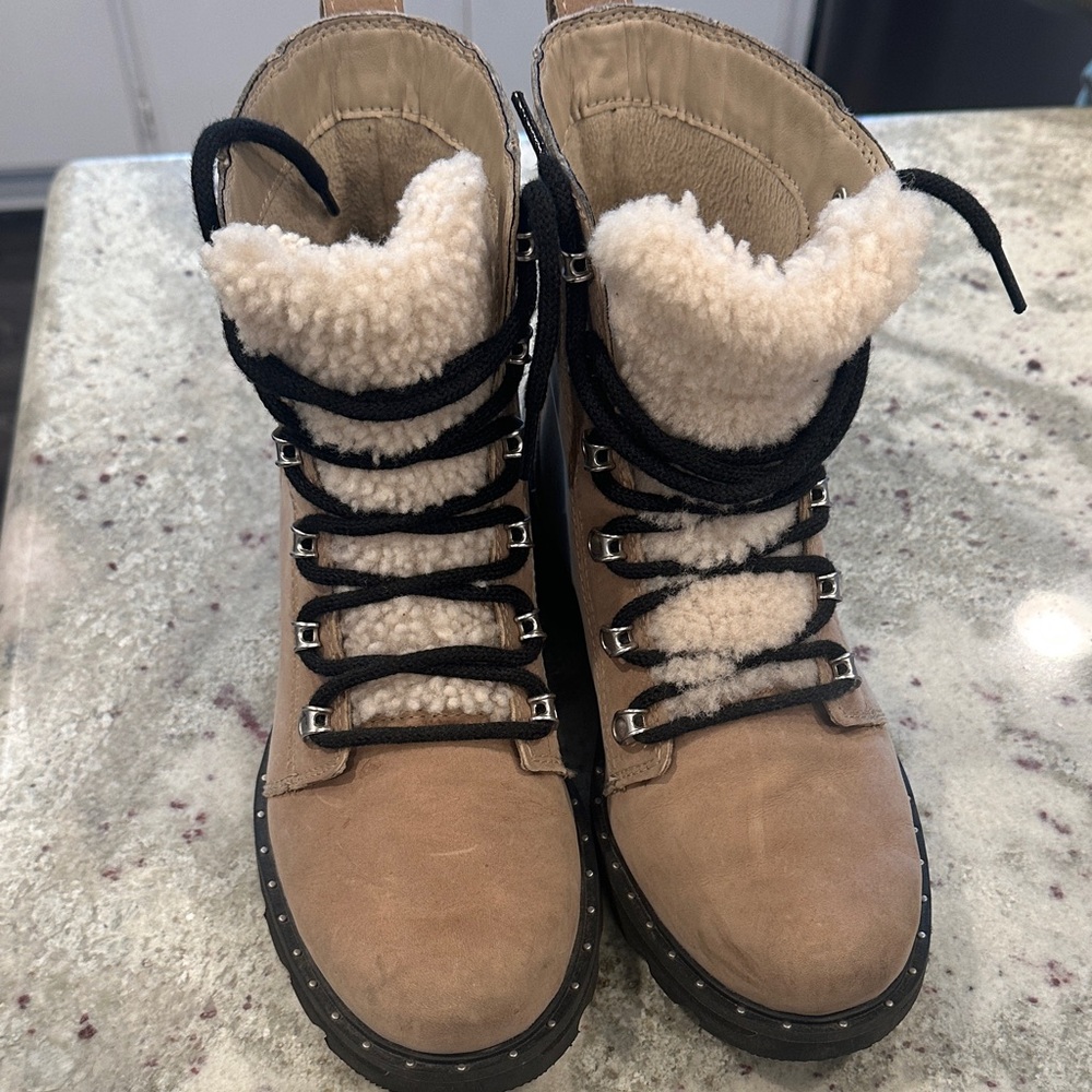 Sorel Tan and Black Shearling Lace-Up Boots